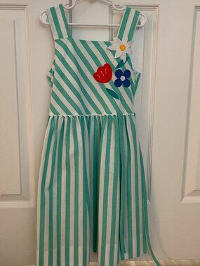 An utterly charming vintage SYLVIA WHYTE green/white stripe sundress, size 7